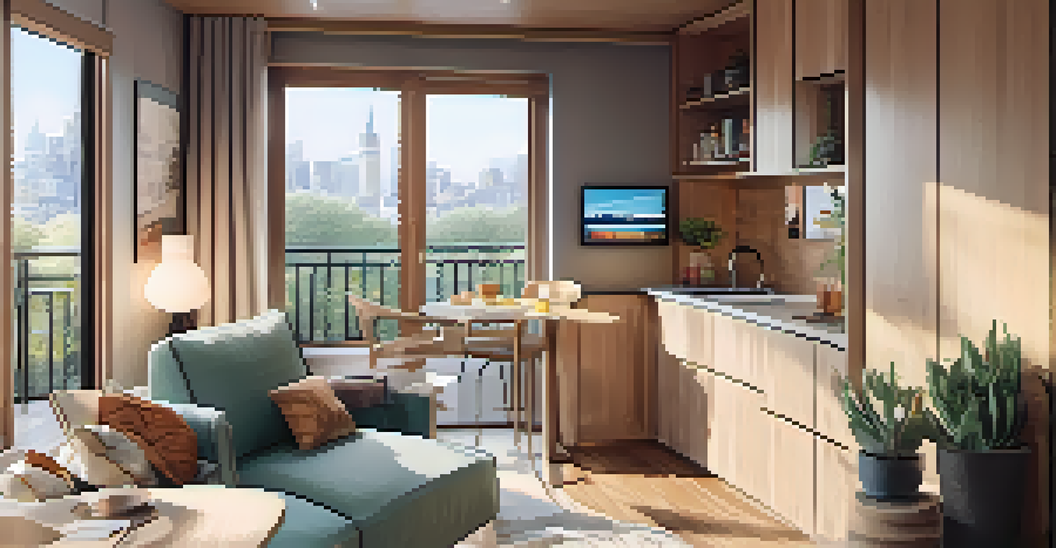 A cozy interior view of a micro-apartment with smart technology and efficient design, bathed in natural light.