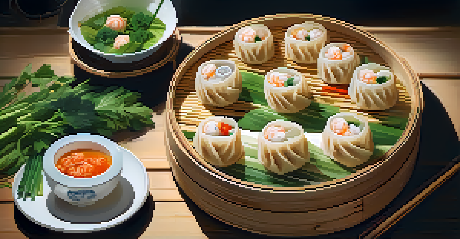 A close-up of a bamboo steamer filled with shrimp and vegetable dumplings, showcasing the culinary delights of Chinatown.