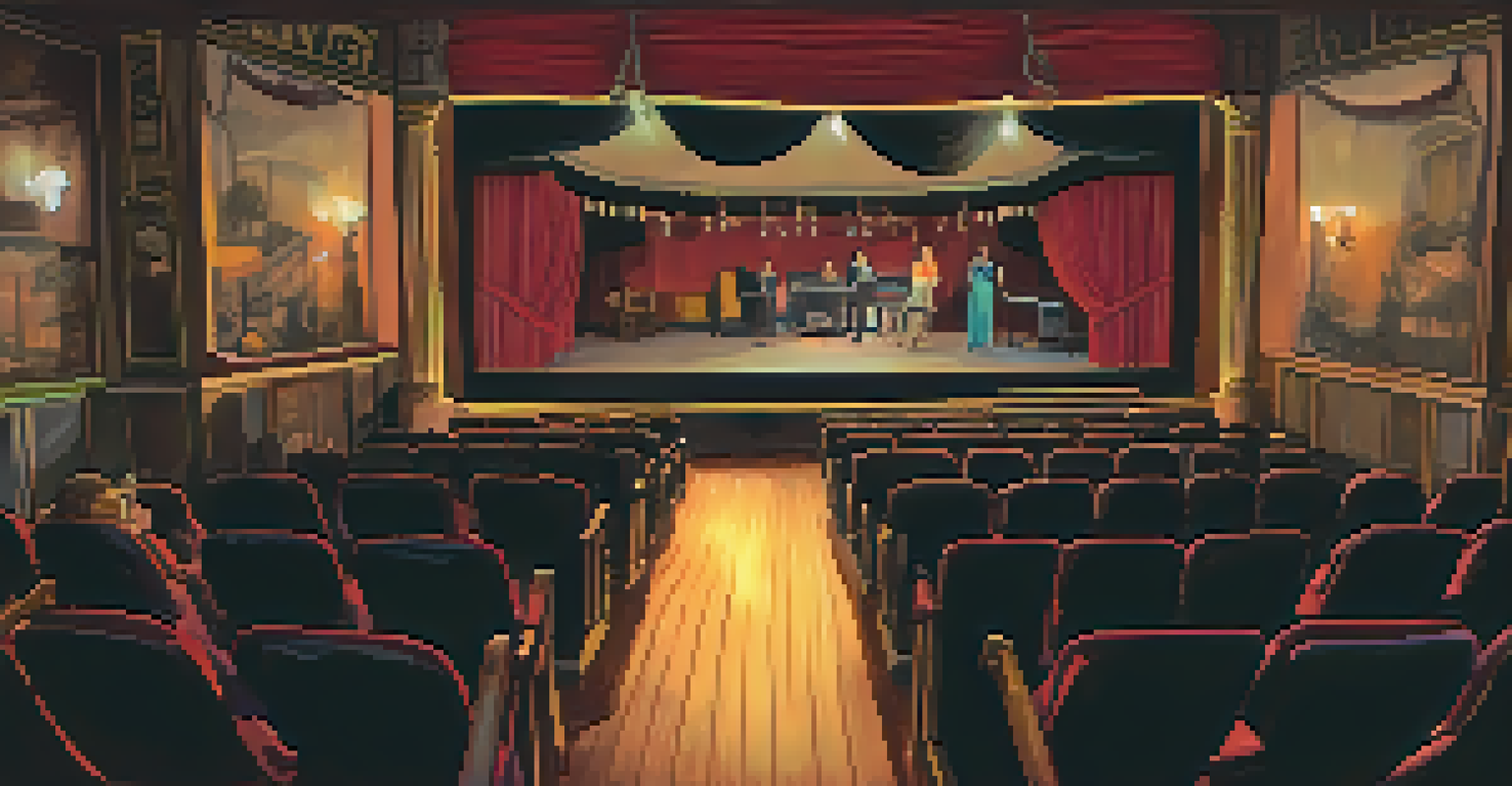 An intimate Off-Broadway theater with a small stage and engaged audience. The walls are adorned with posters of past productions, showcasing its history.