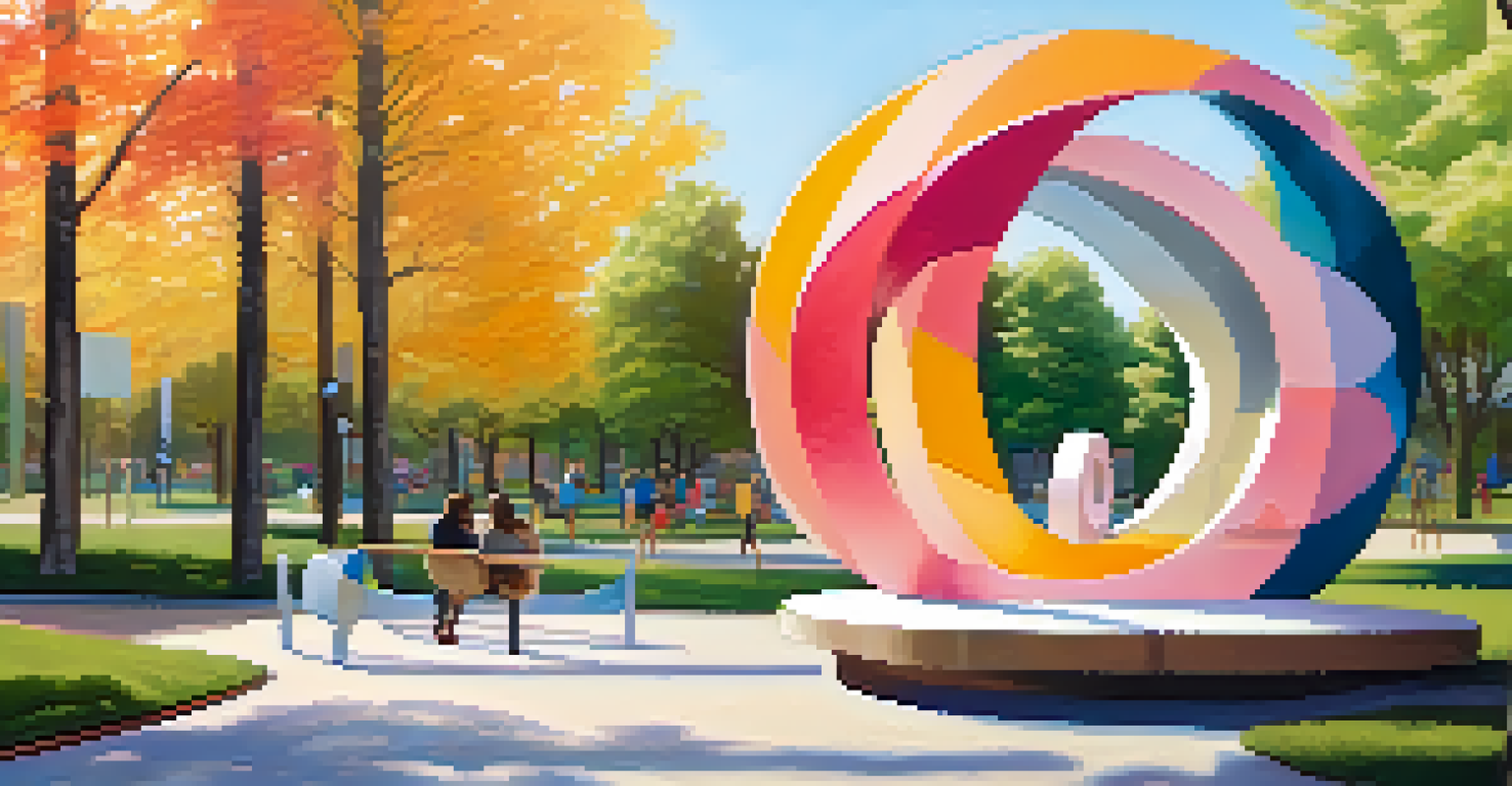 An abstract sculpture in a park, surrounded by colorful murals depicting hope and healing, with sunlight shining through the trees.