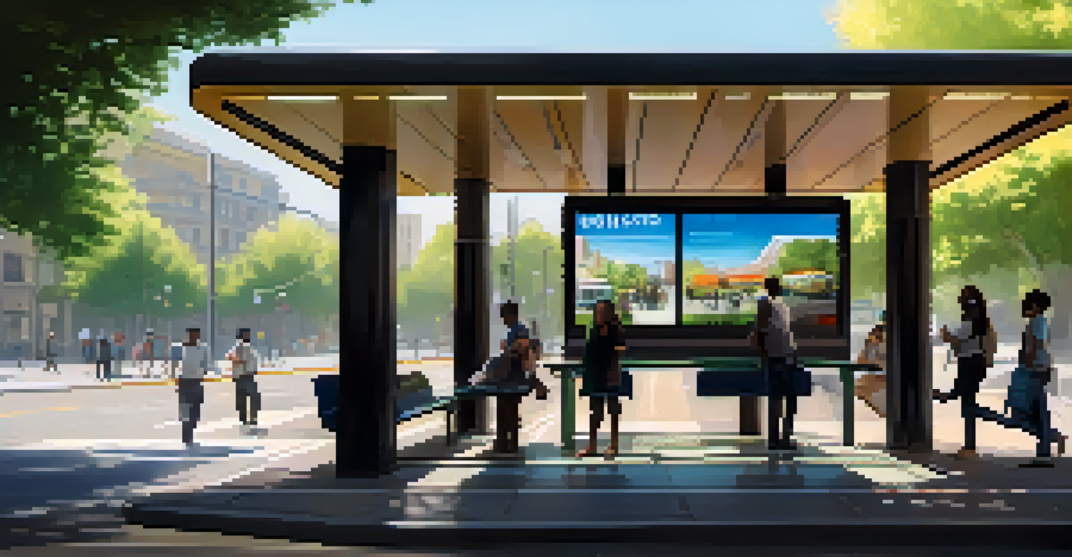 A modern bus stop in an urban area, featuring digital screens and diverse commuters waiting.