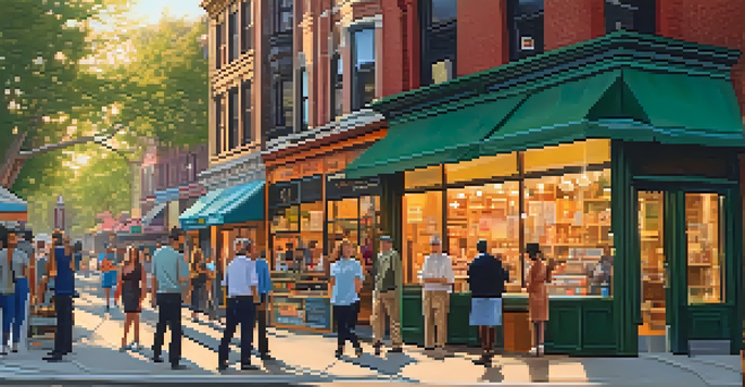 A busy street in New York City featuring small businesses, diverse people, and warm evening light.
