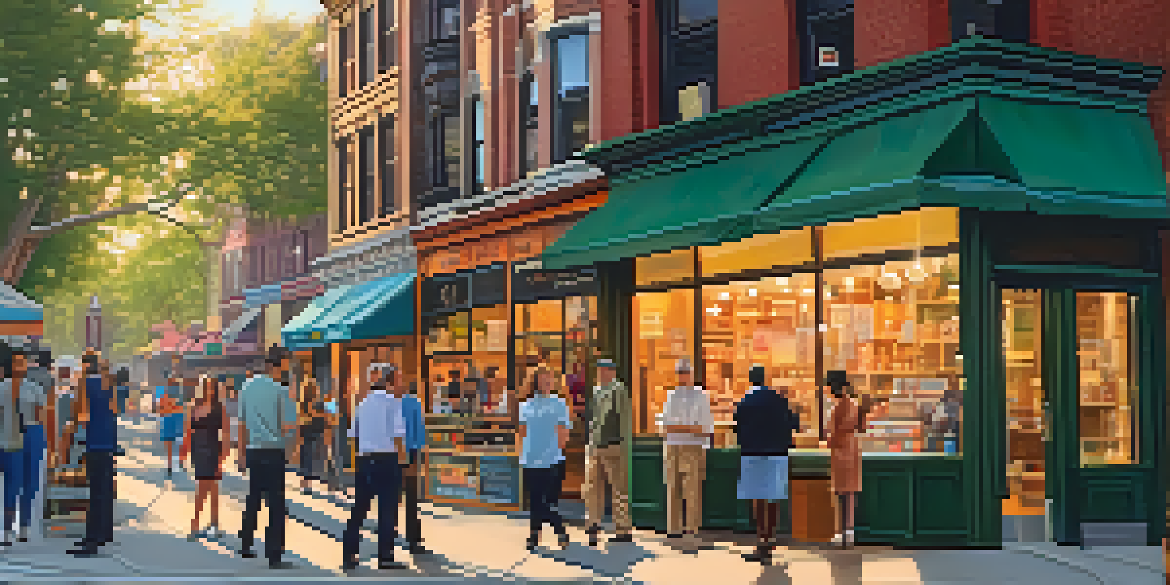 A busy street in New York City featuring small businesses, diverse people, and warm evening light.