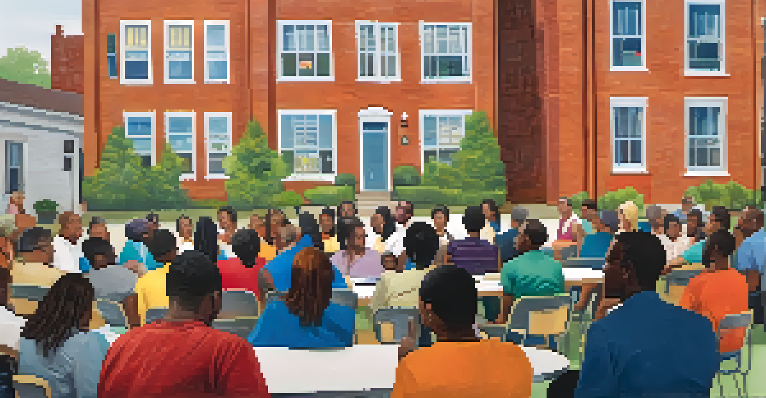 A neighborhood meeting in a community center with residents discussing affordable housing initiatives, showing engaged attendees and collaborative spirit.