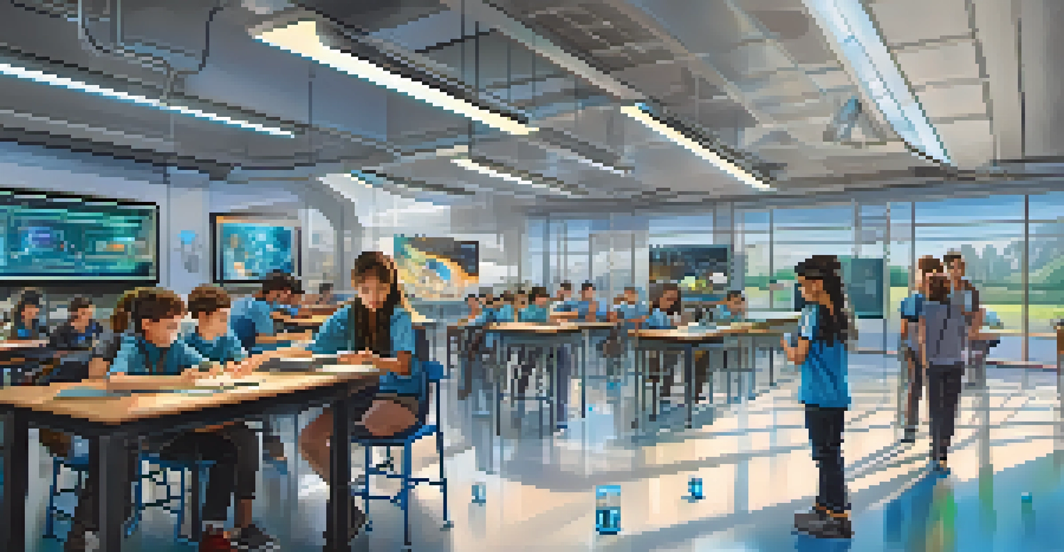 Students interacting with AI robots in a futuristic school setting with advanced technology.