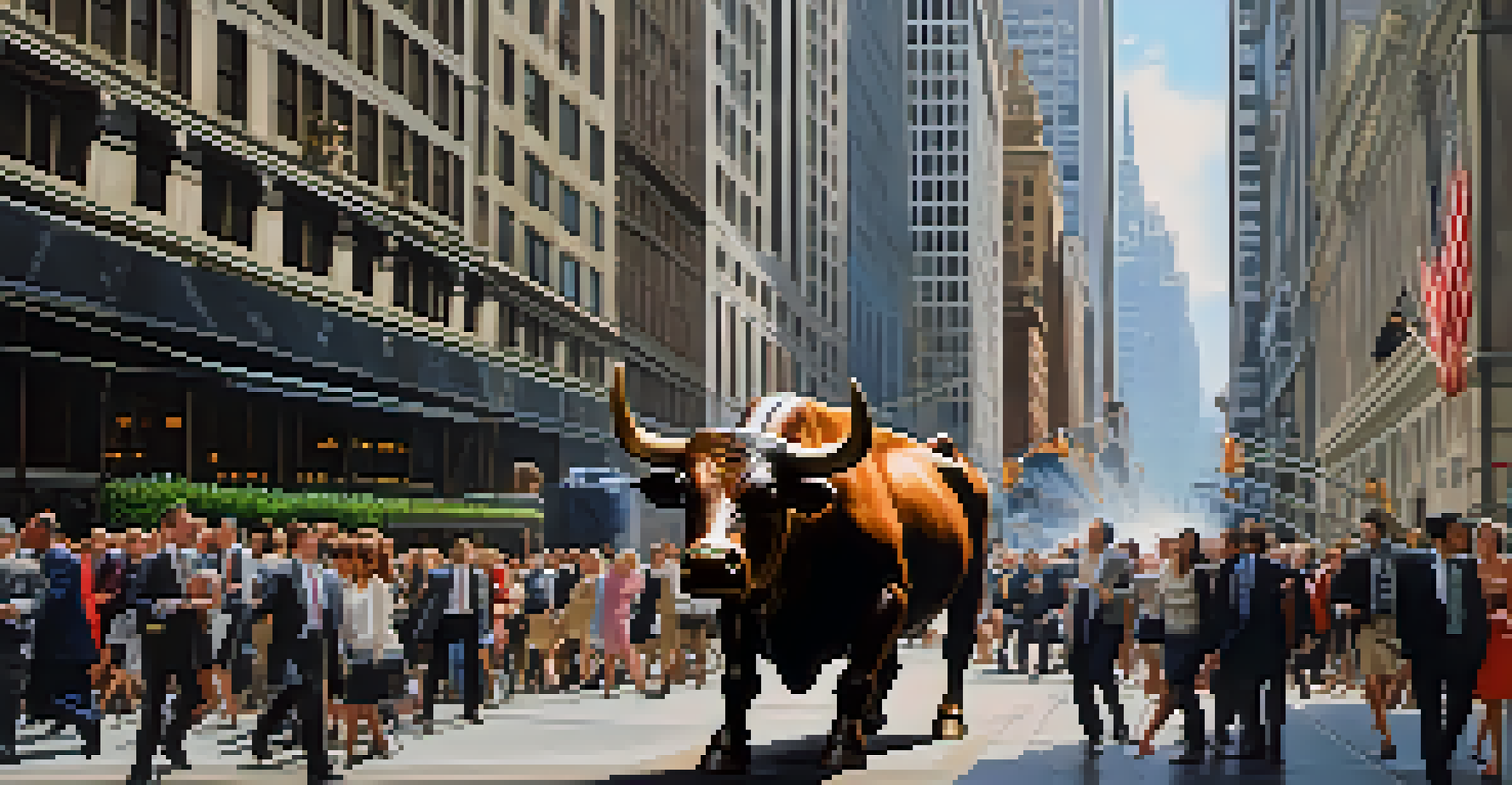 A lively Wall Street scene with the Charging Bull and tall buildings, filled with people.