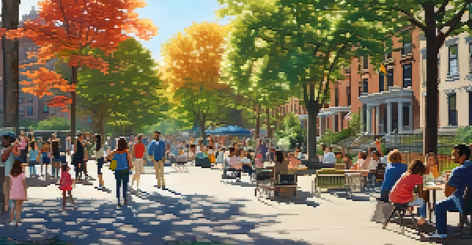 A lively park in New York City with diverse residents socializing and children playing under the sun.