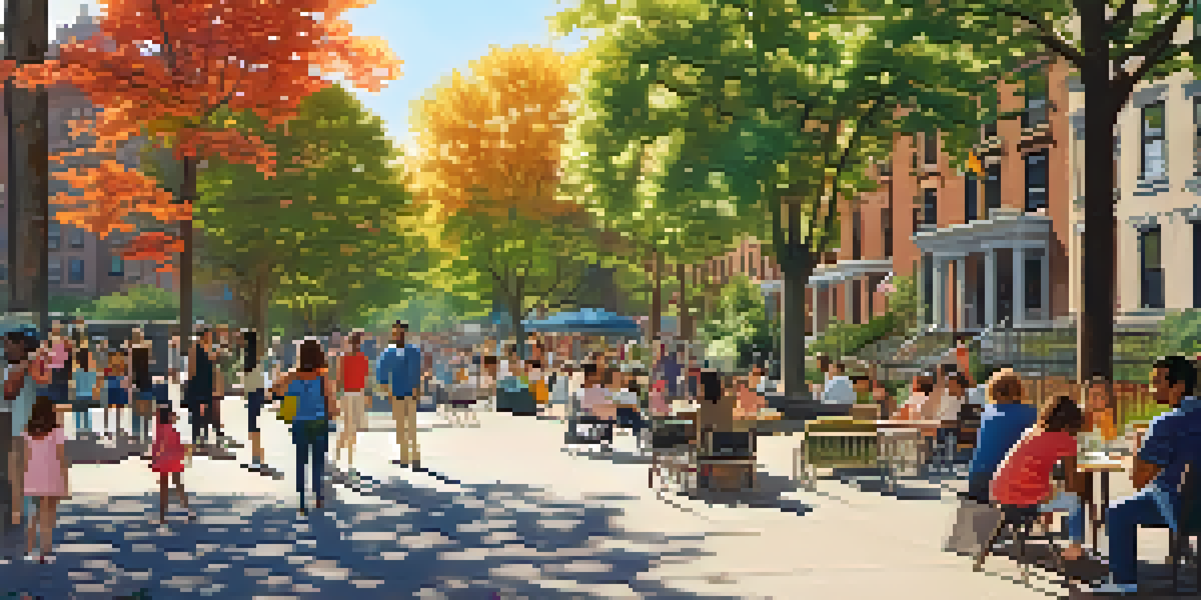 A lively park in New York City with diverse residents socializing and children playing under the sun.