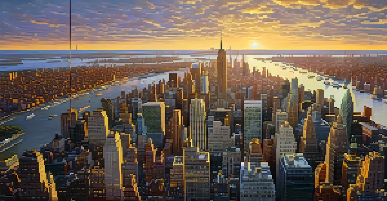 An aerial view of Manhattan, New York City at sunset, showcasing the skyline and busy streets.