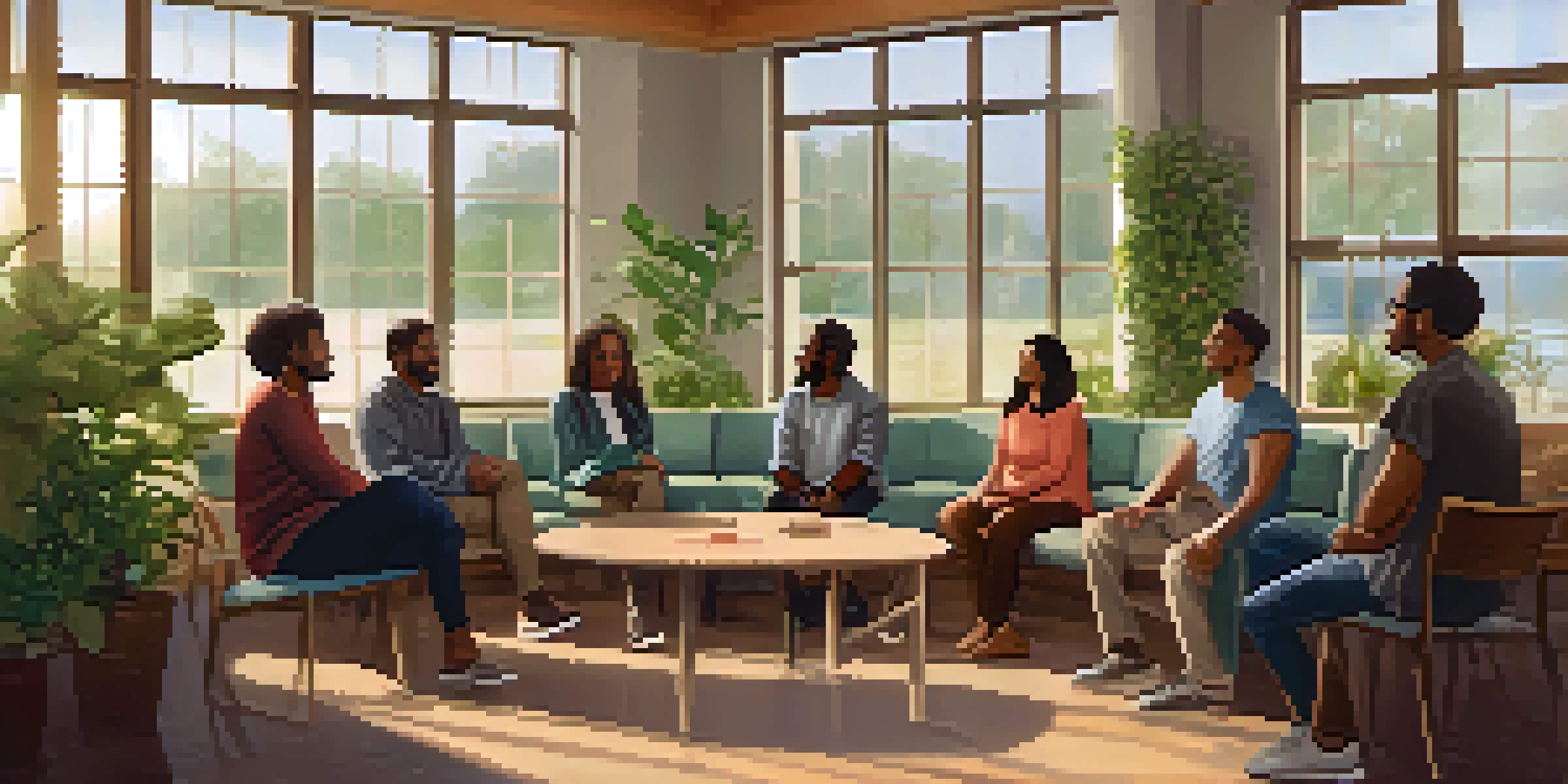 A diverse group of individuals sitting in a circle in a warmly lit room, sharing their experiences during a support group meeting.