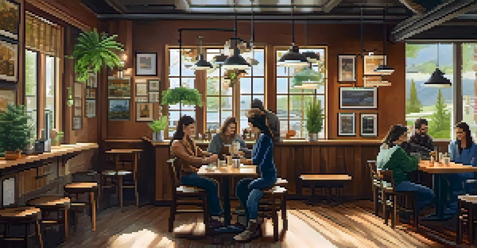 A cozy café with customers, a barista making coffee, and local artwork on the walls.