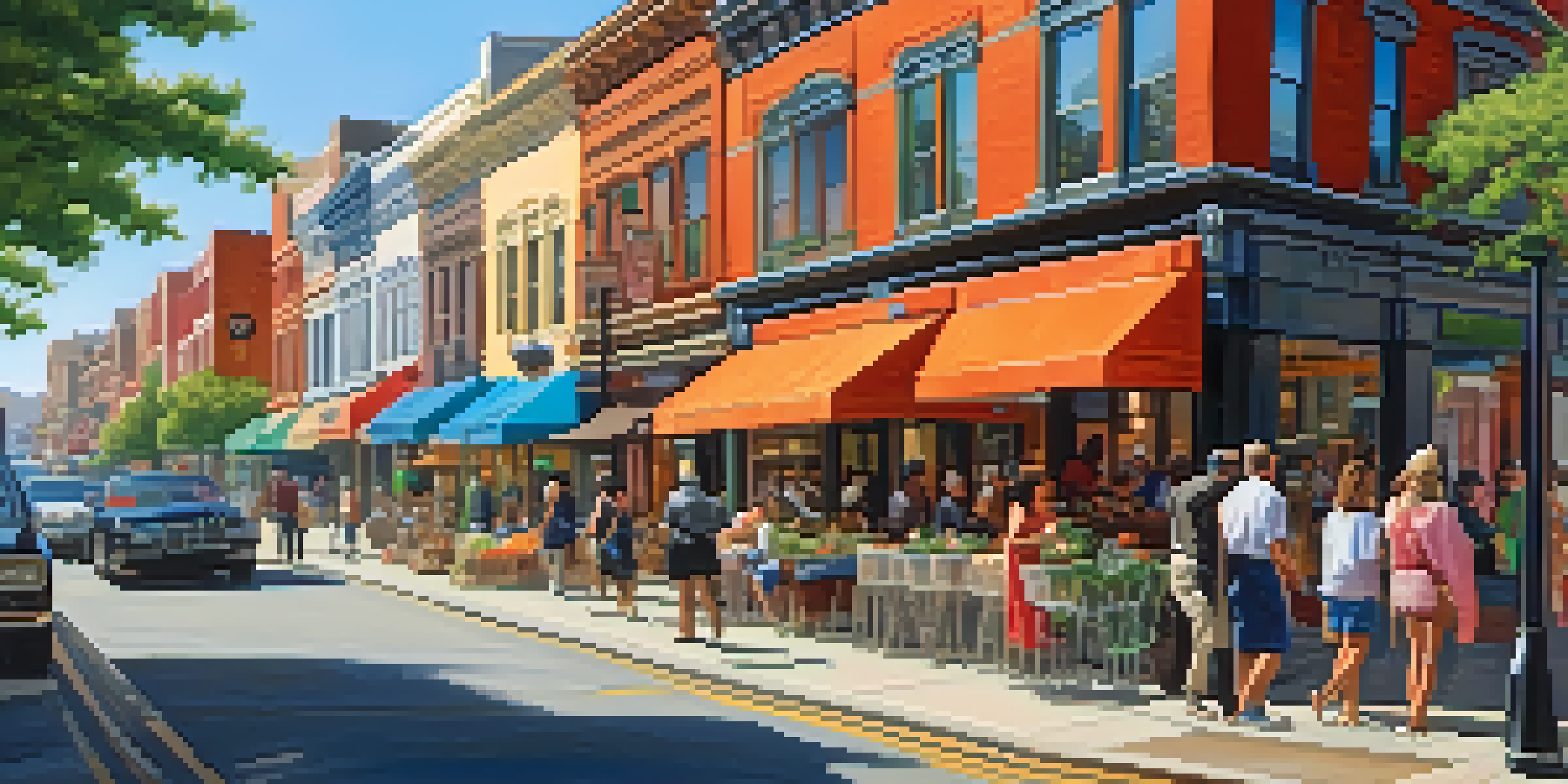 A busy urban street with old shops and new boutiques, colorful murals, and diverse people walking under sunlight.