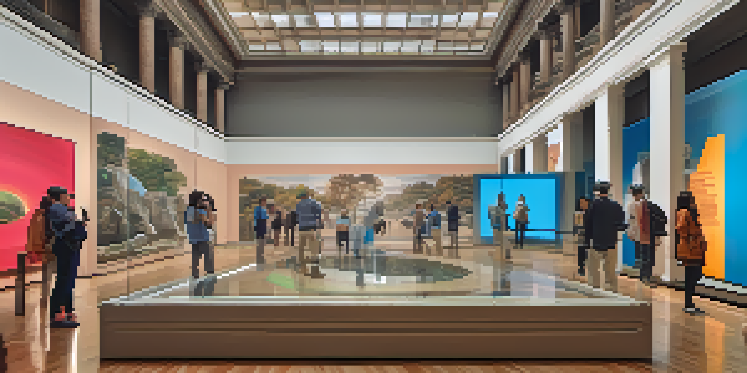 An interior view of a modern museum with visitors using virtual reality headsets, surrounded by digital displays and natural light.