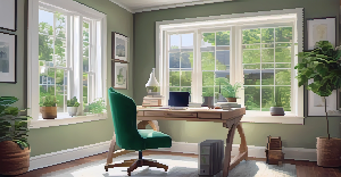 A bright and inviting home office with a desk, computer, and plants, surrounded by natural light and a view of trees outside.