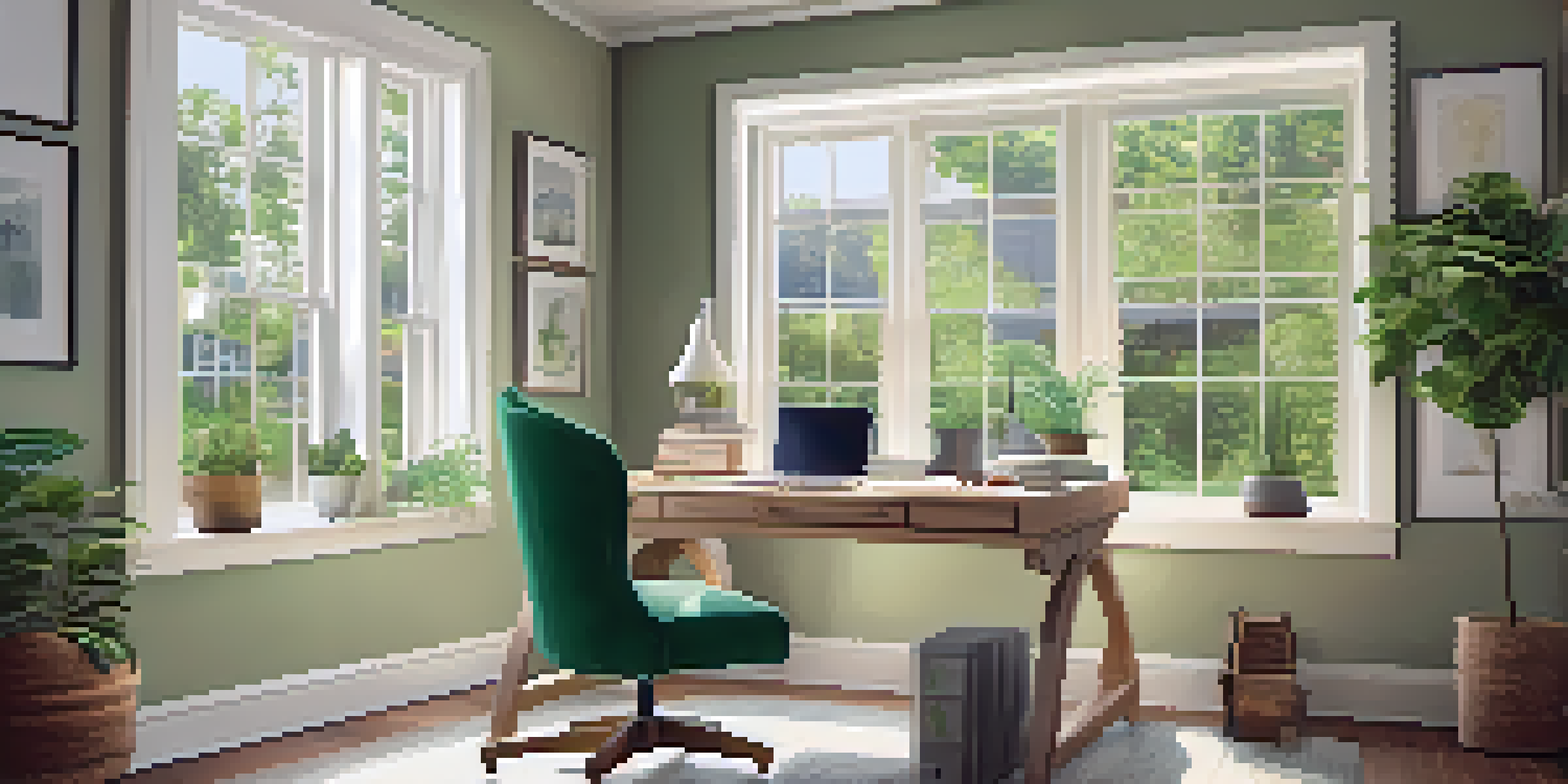 A bright and inviting home office with a desk, computer, and plants, surrounded by natural light and a view of trees outside.