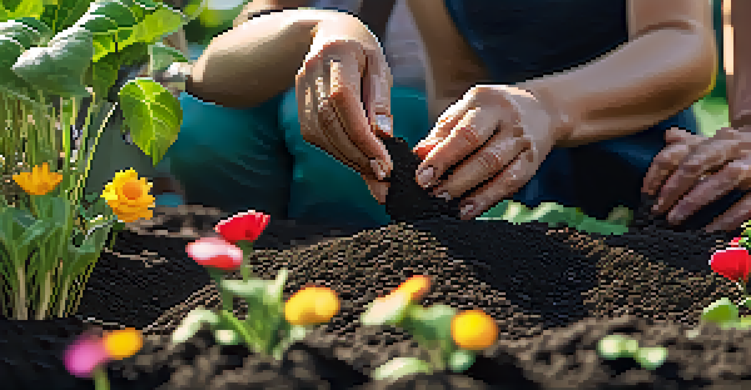 Close-up of hands planting seeds in a garden, surrounded by soil and young plants.