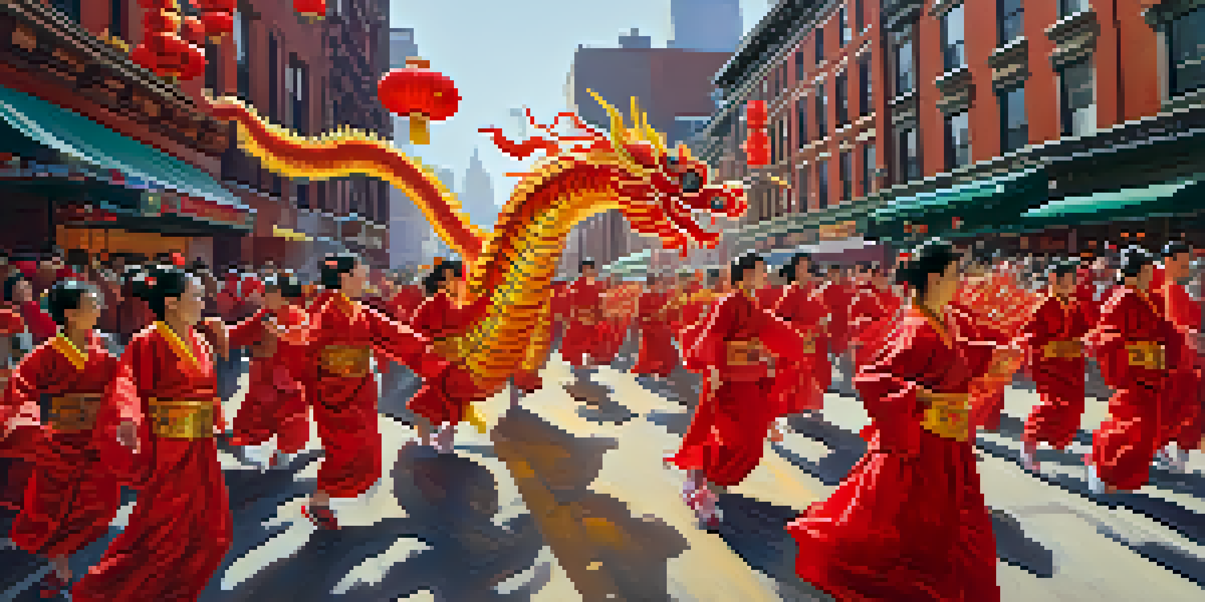A lively street scene filled with dragon dancers and colorful decorations celebrating the Lunar New Year in New York City.