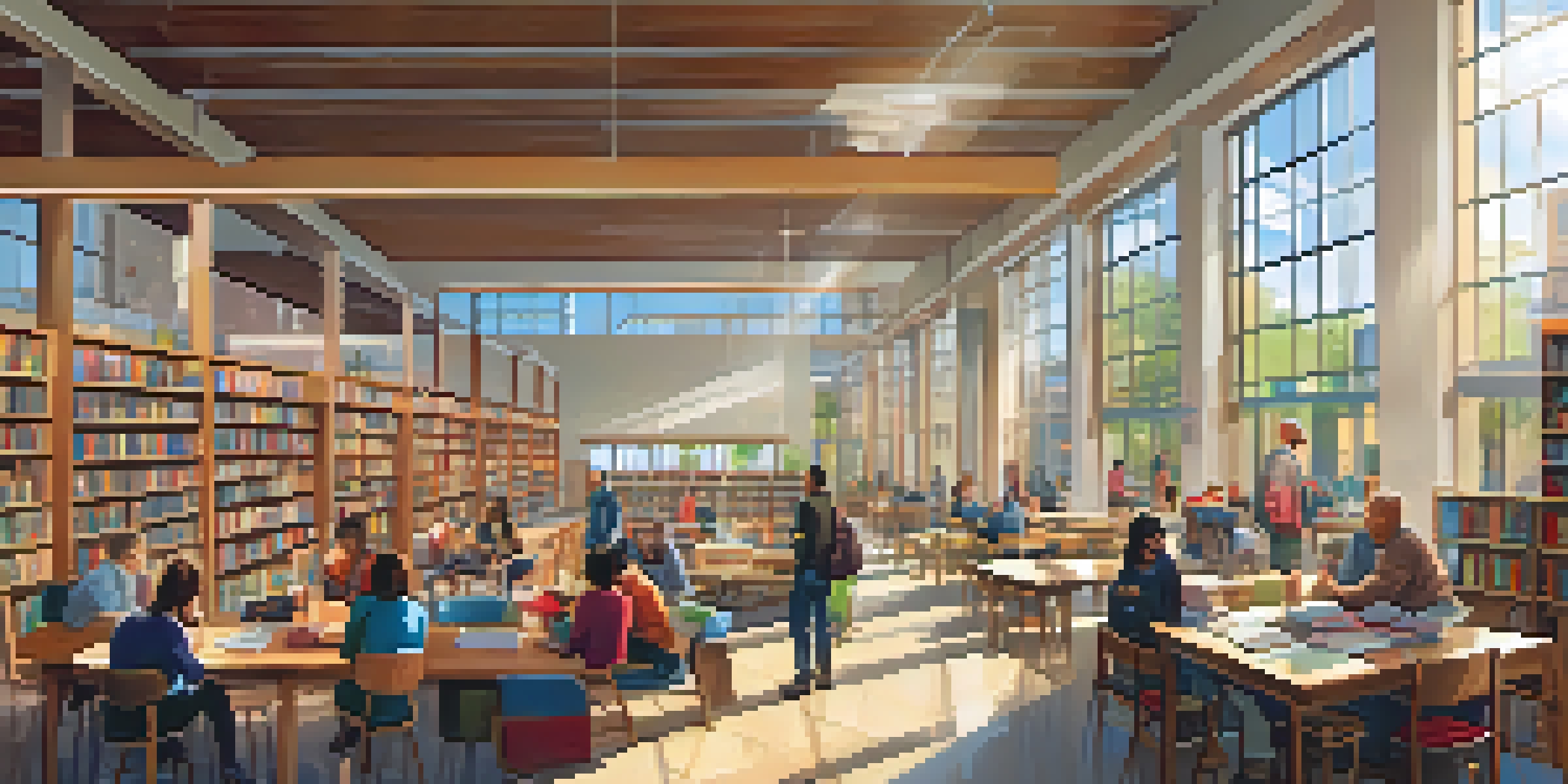 A lively interior of a public library with diverse people reading and participating in activities, bright sunlight coming through large windows.