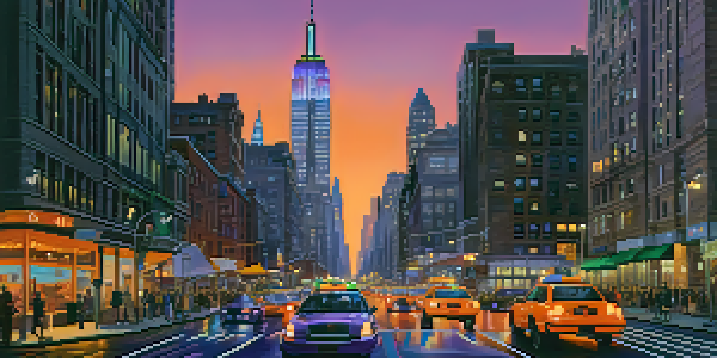A colorful sunset over New York City, featuring illuminated smart streetlights and busy streets with people and vehicles, surrounded by a mix of modern and traditional architecture.
