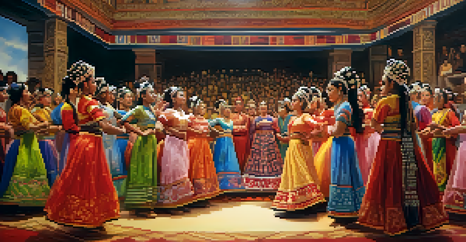 Dancers in traditional costumes performing on stage at a cultural exchange event in NYC, with an engaged audience in the foreground.