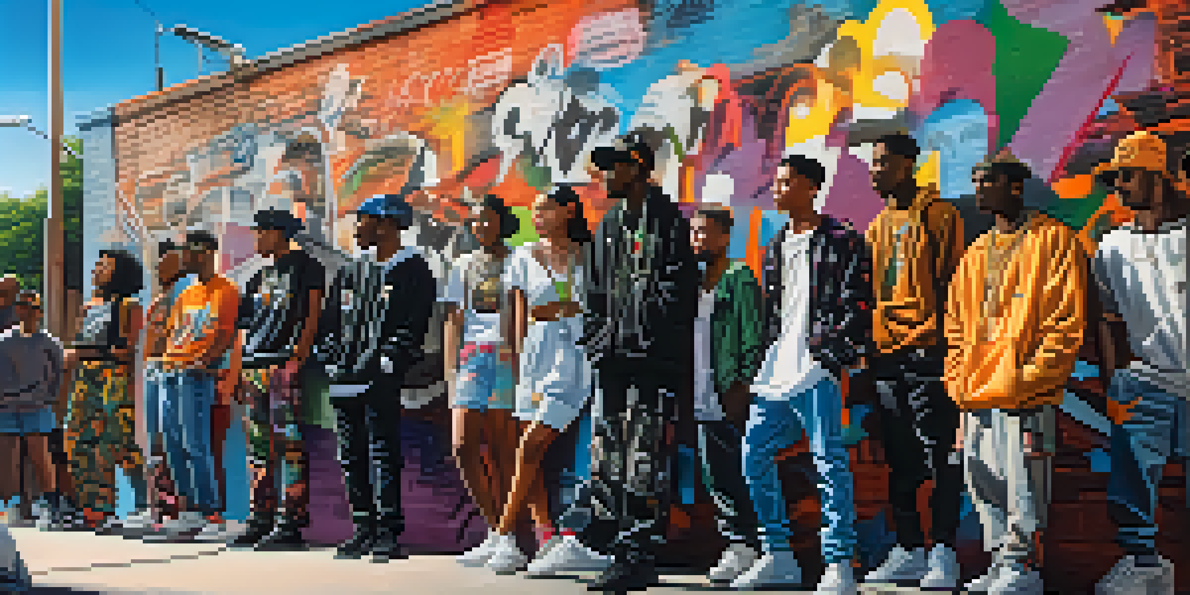 A colorful street scene in the Bronx featuring young people in hip-hop fashion near a graffiti wall.