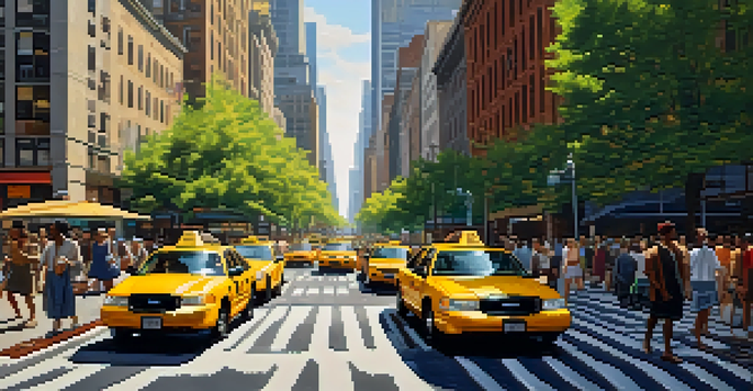 A busy street in New York City during rush hour with taxis, bicycles, and pedestrians, surrounded by skyscrapers and trees.