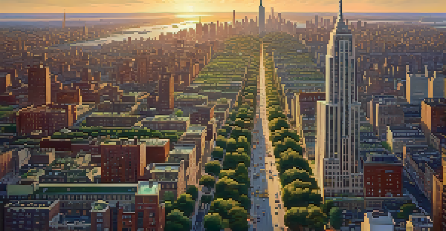 An aerial view contrasting luxurious apartments and crowded buildings in NYC, under a warm sunset light.