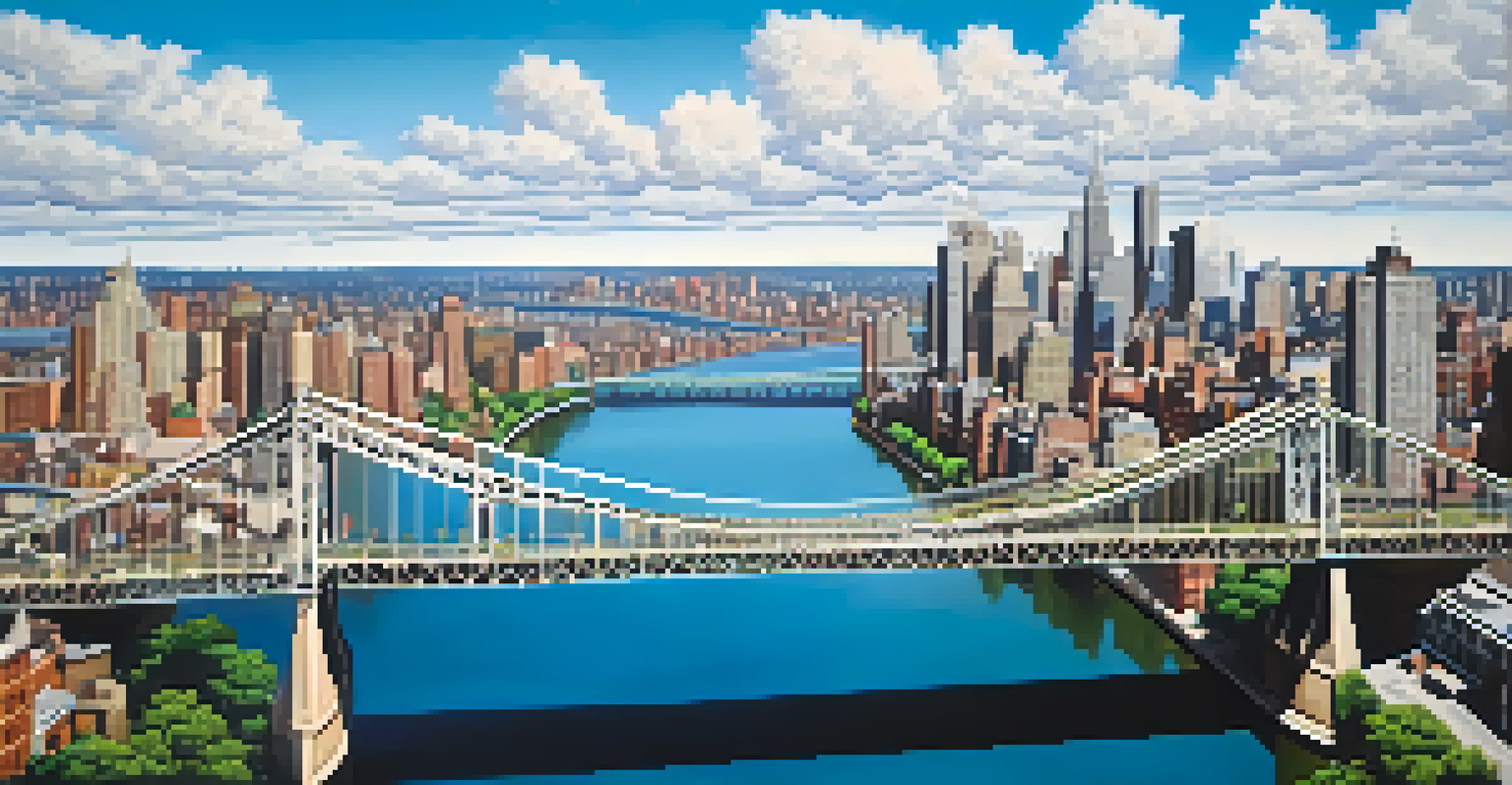Aerial view of the Queensboro Bridge with traffic and city landscape beneath a clear sky.