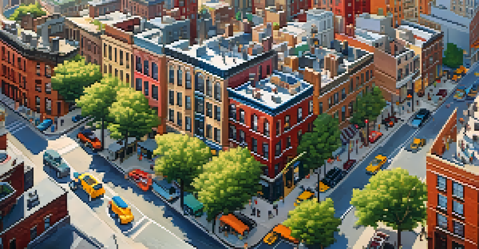 An aerial view of a lively New York City neighborhood with a mix of architecture and bustling streets filled with people and vehicles.