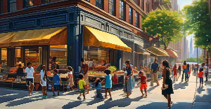 A lively street scene in New York City during sunset, with families in a park, vendors, and skyscrapers in the background.