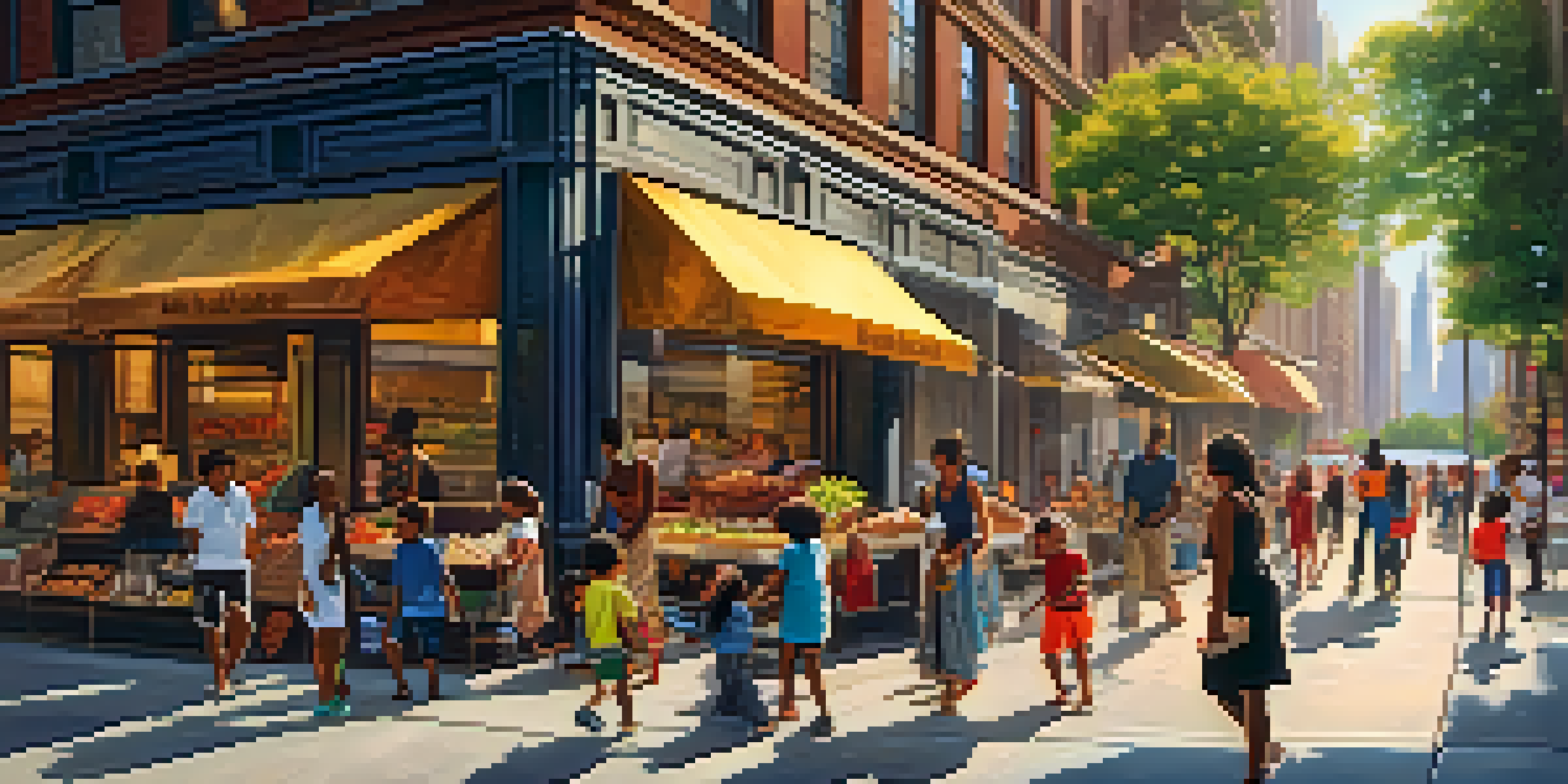 A lively street scene in New York City during sunset, with families in a park, vendors, and skyscrapers in the background.