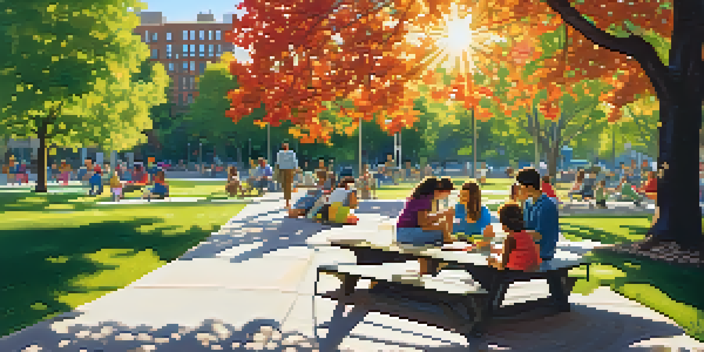 A lively urban park in NYC with people relaxing and children playing amidst native plants and trees, illuminated by sunlight.