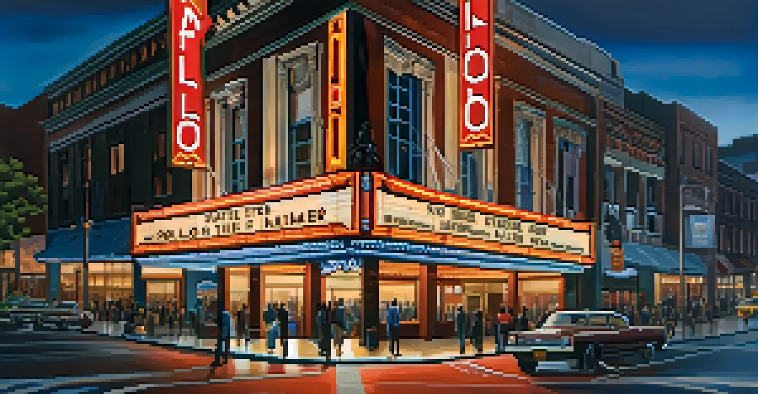 The Apollo Theater in Harlem, with its iconic marquee and people gathered outside, illuminated by colorful lights during an evening performance.