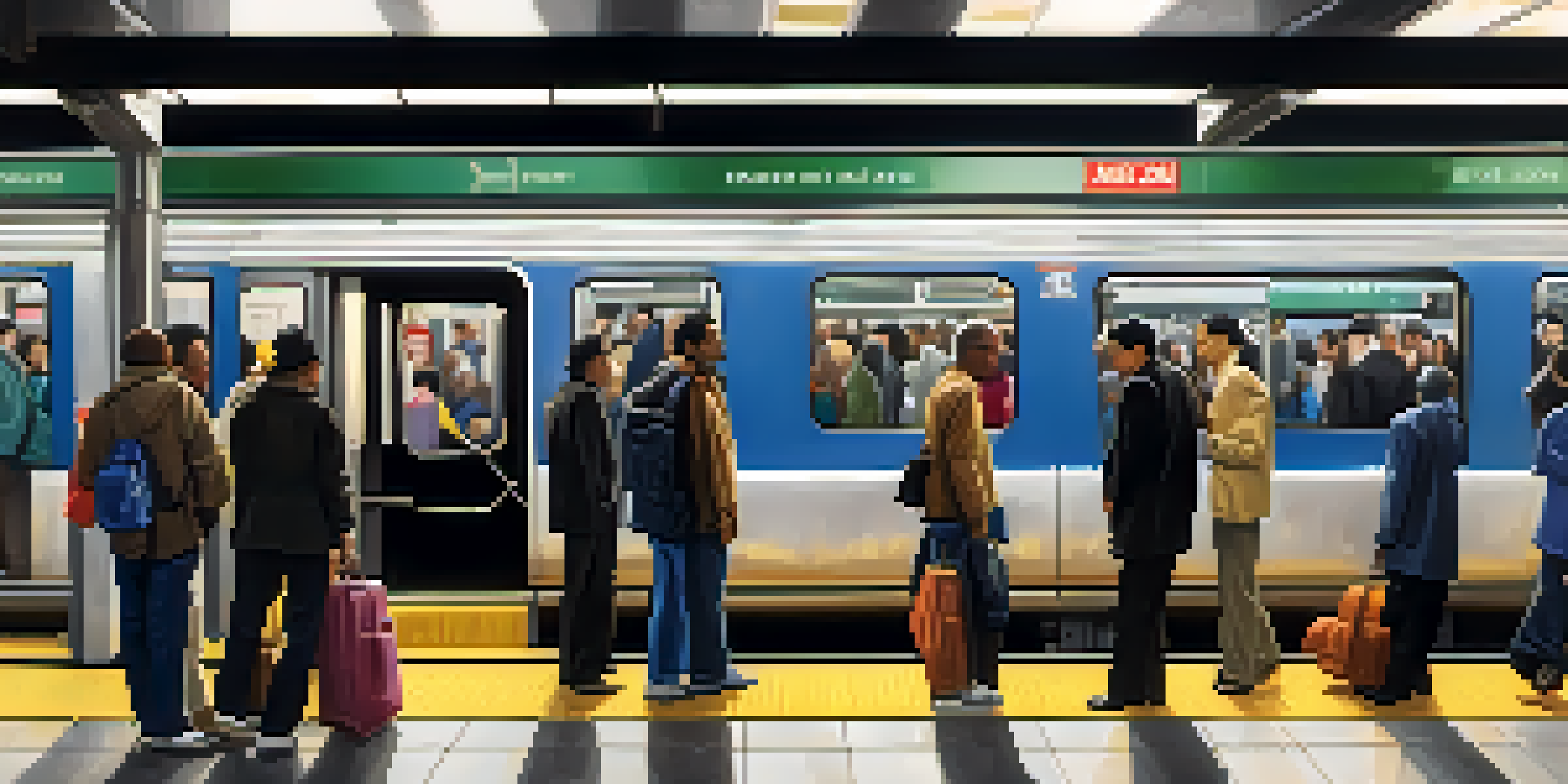 A busy subway station in New York City with diverse commuters waiting for trains and colorful advertisements.