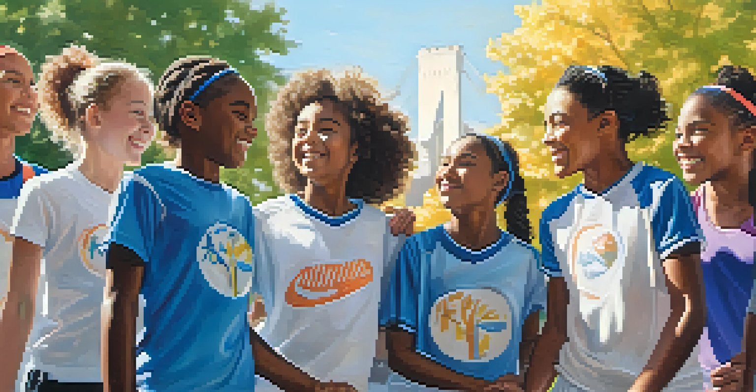 A diverse group of young athletes smiling and high-fiving in a sunny park during a community sports program.