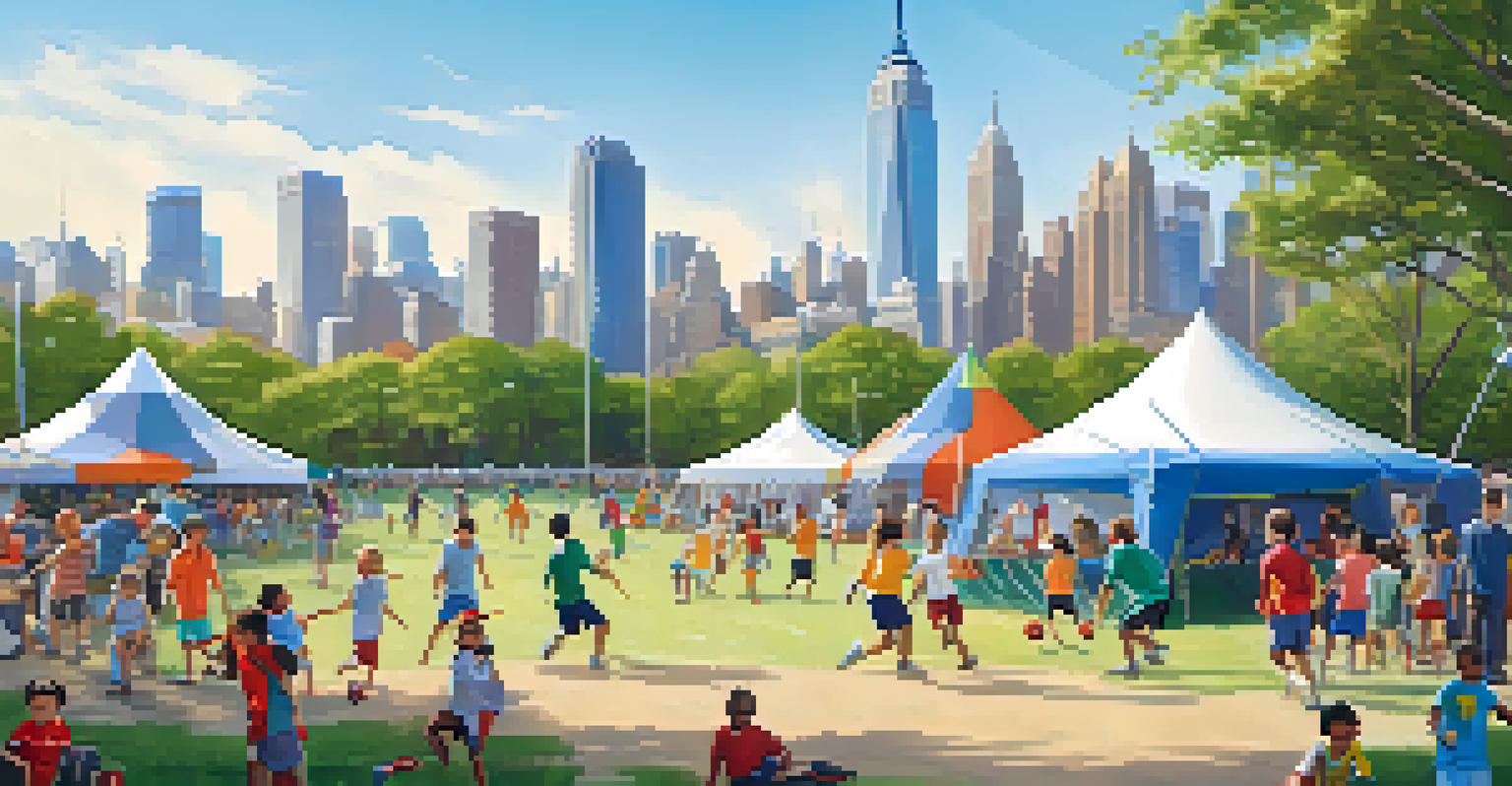 Families enjoying a community sports event in a NYC park, with children playing soccer and adults playing volleyball.