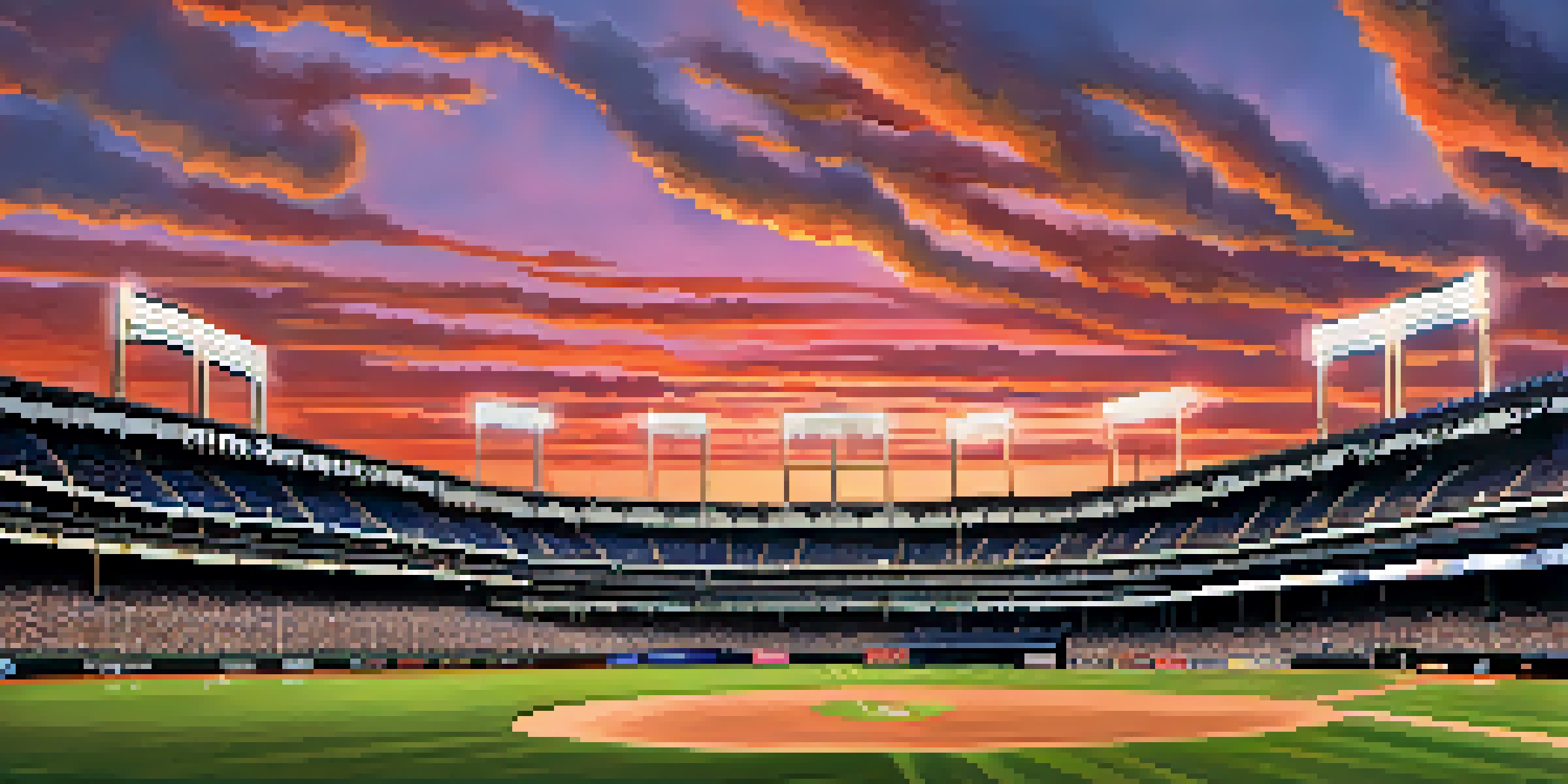 A panoramic view of Yankee Stadium at sunset, filled with fans and the New York skyline in the background.