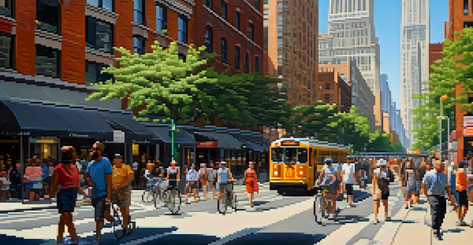 A busy New York City street filled with pedestrians, cyclists, and public transport, set against iconic skyscrapers and trees under bright sunlight.