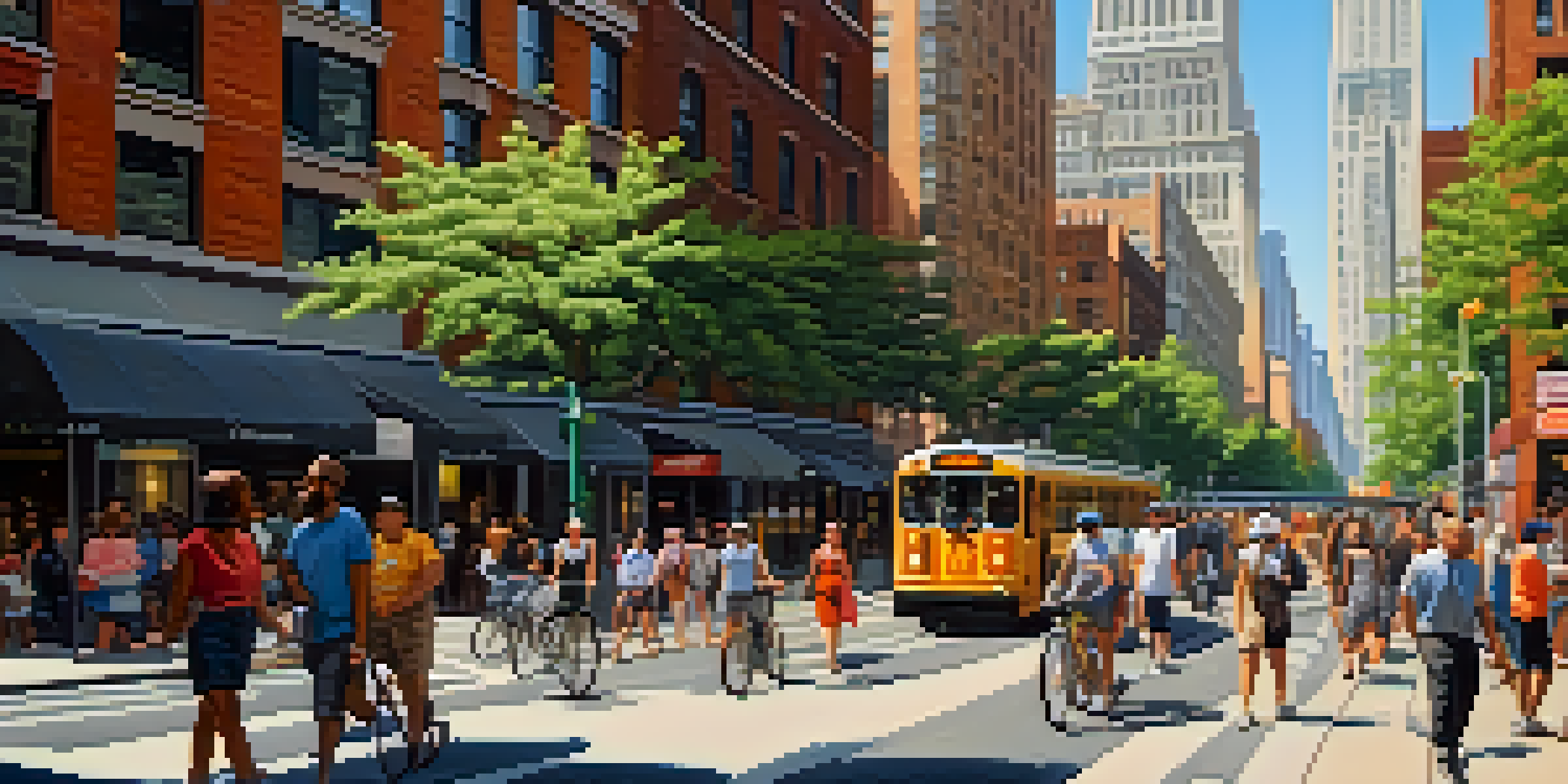 A busy New York City street filled with pedestrians, cyclists, and public transport, set against iconic skyscrapers and trees under bright sunlight.