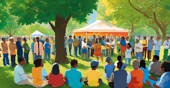 A diverse group of people gathered in a park for a community meeting, with a local leader facilitating the discussion.