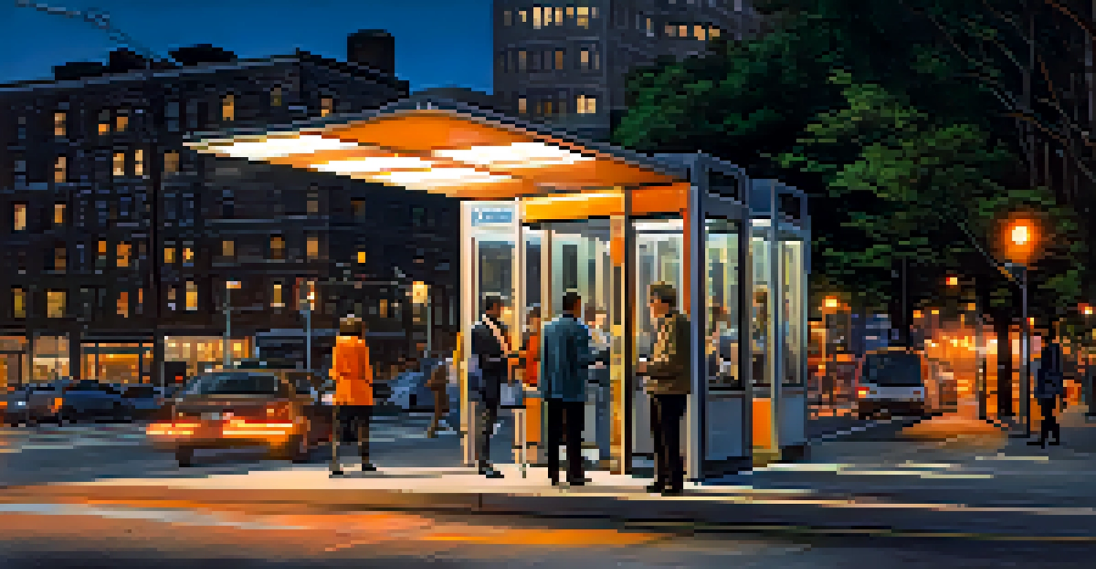 A quiet New York City bus stop at dusk with passengers waiting and a city skyline in the background.