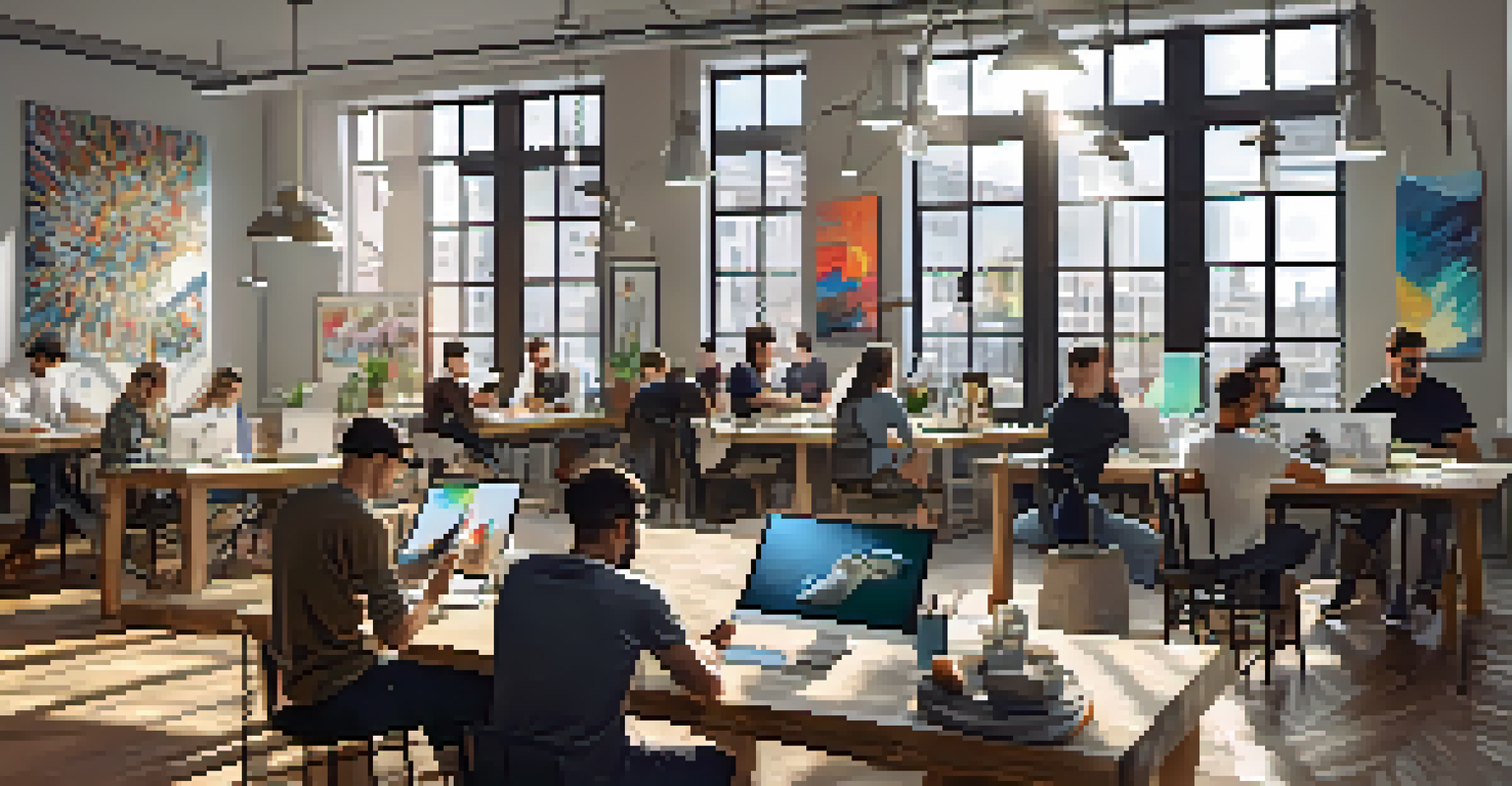 A male designer sketching on a tablet in an artistic co-working space filled with art and natural light.