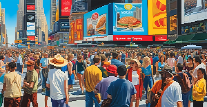 A lively Times Square filled with tourists, bright billboards, and street performers.