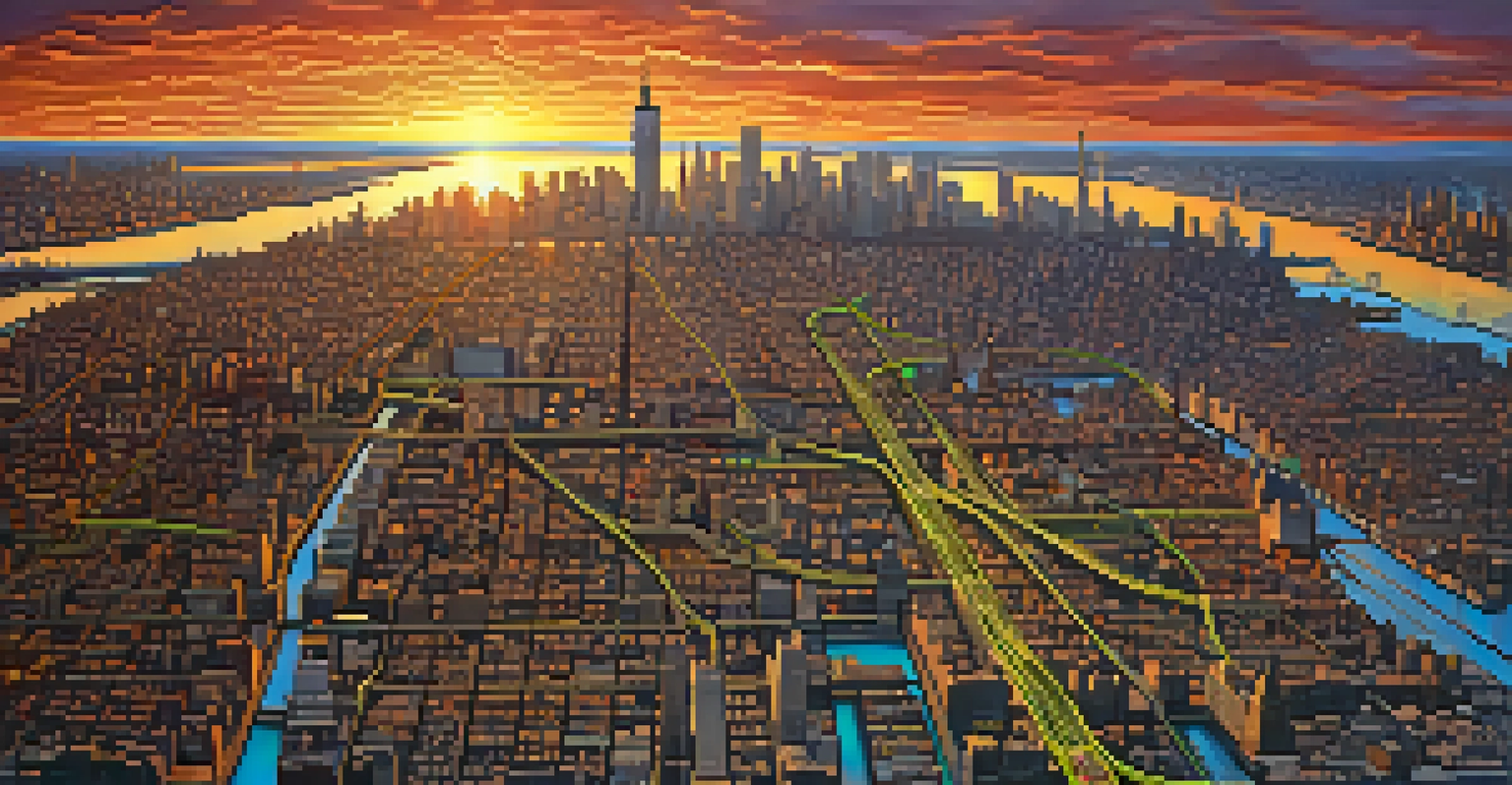 An artistic subway map superimposed over the skyline of New York City during sunset.
