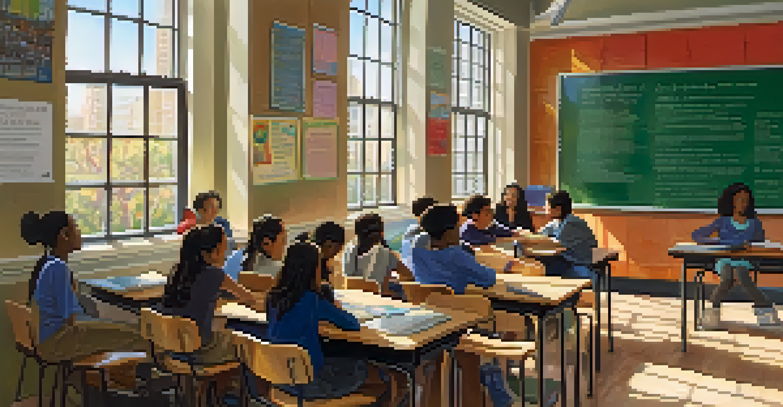 Students from diverse backgrounds discussing human rights in a classroom in New York City, with educational posters on the walls.