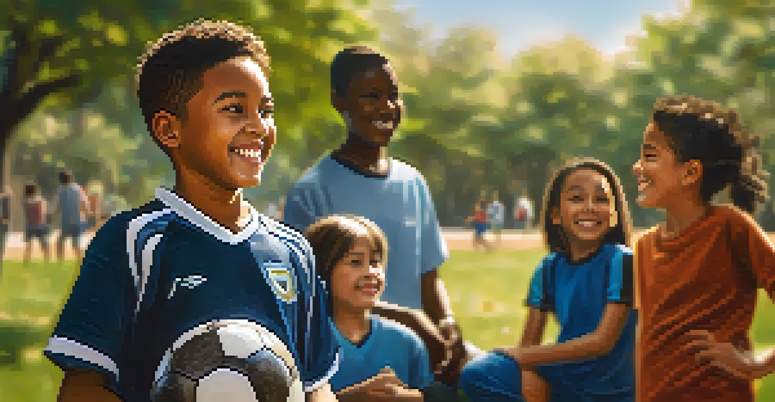 An athlete holding a soccer ball in a park, with children of diverse backgrounds playing together in the background.