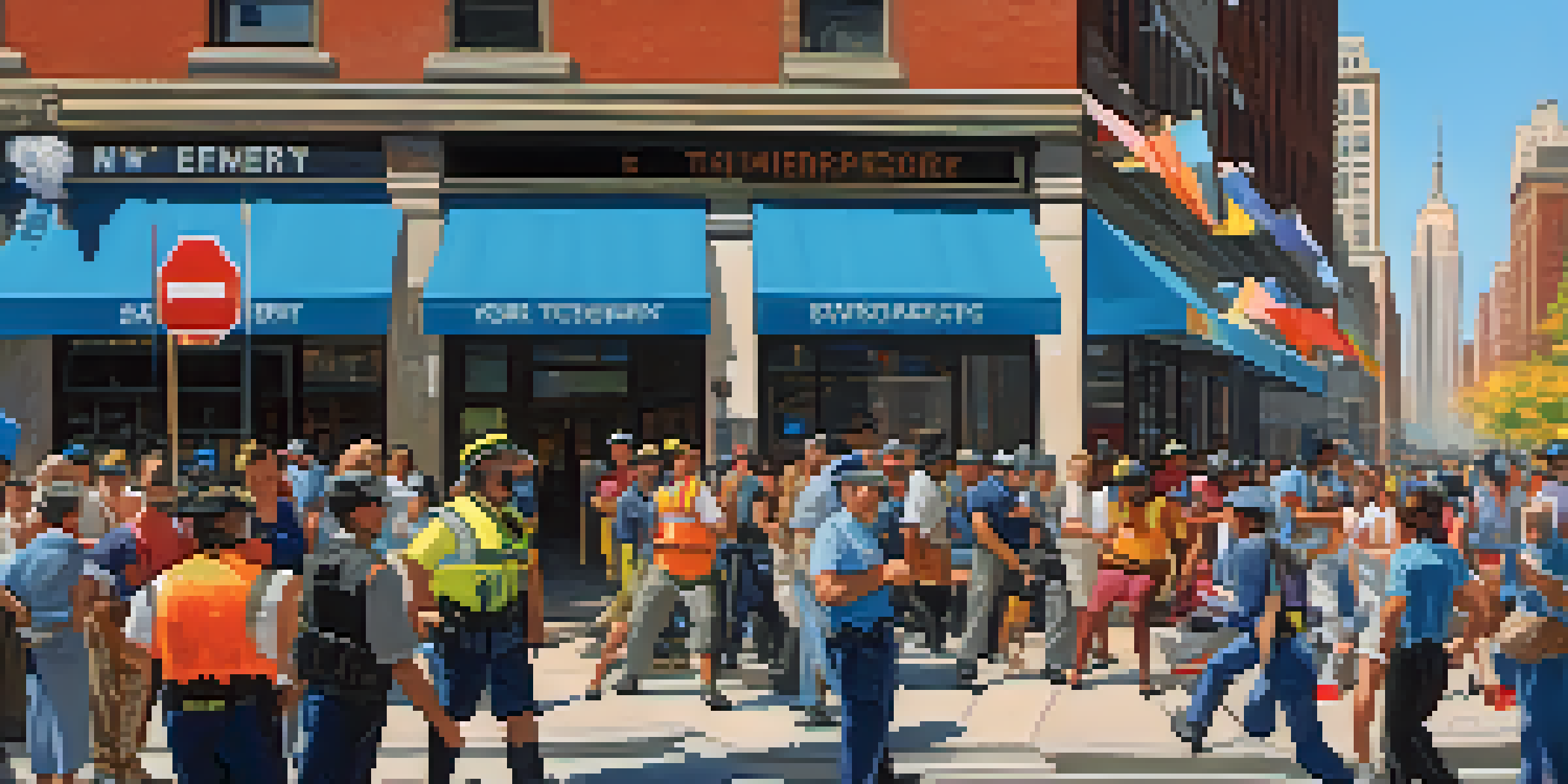 A diverse group of people in New York City participating in a community emergency preparedness workshop, practicing first aid techniques with city buildings in the background.