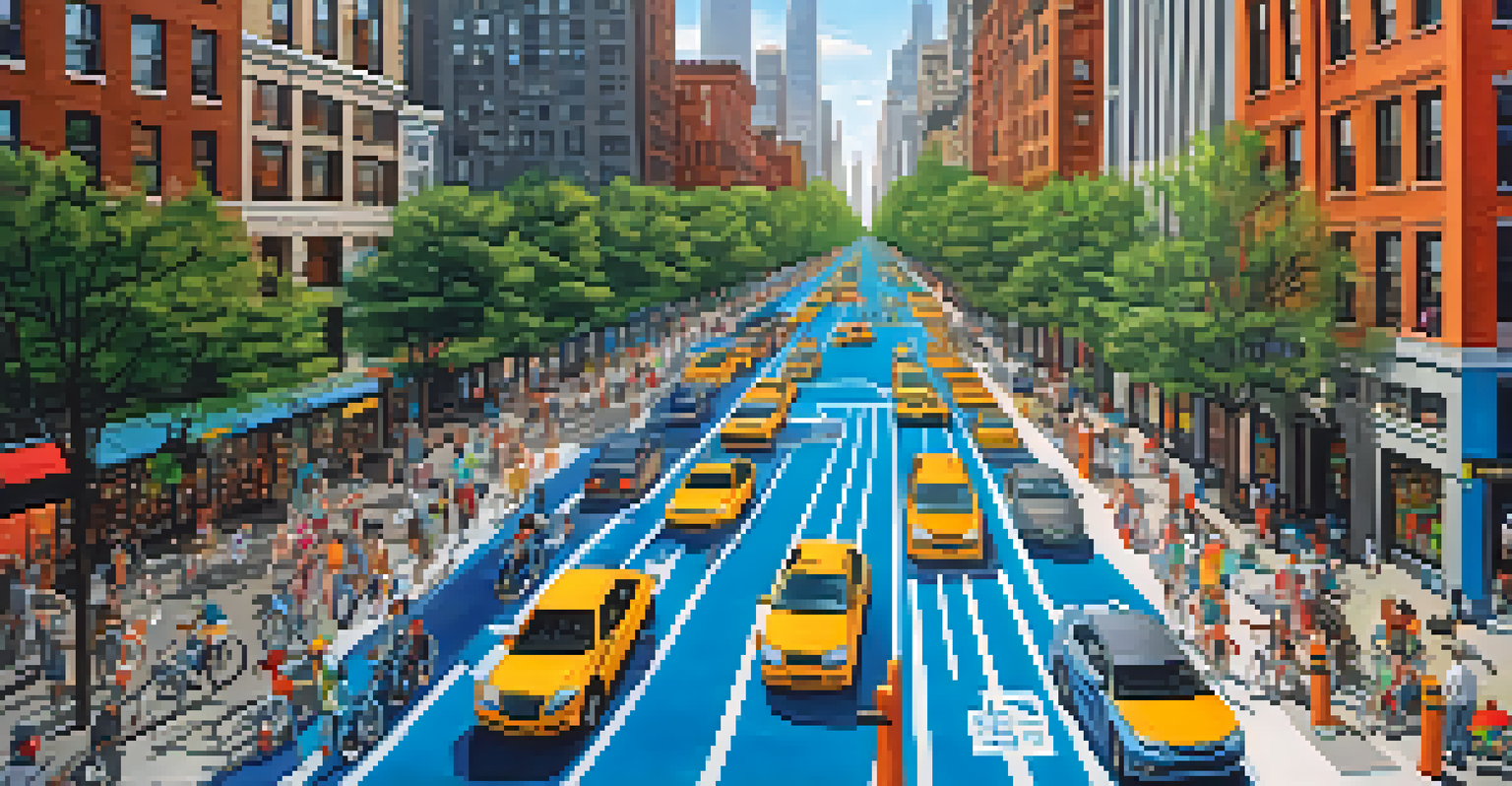 An aerial view of New York City streets showing expanded bike lanes and pedestrians in a car-free zone, with colorful street art and trees.