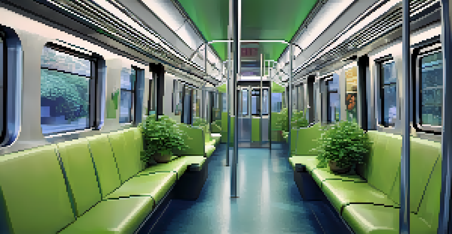 A modernized subway train interior featuring spacious seating, natural light, and eco-friendly materials.