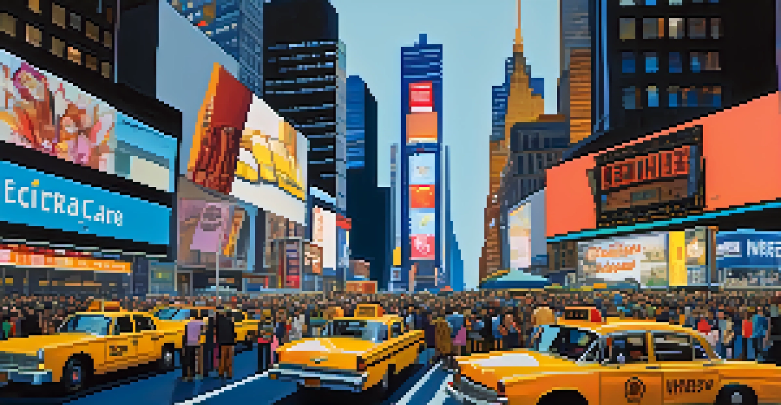 A lively evening at Times Square with illuminated billboards, crowds of people, and a twilight blue sky.